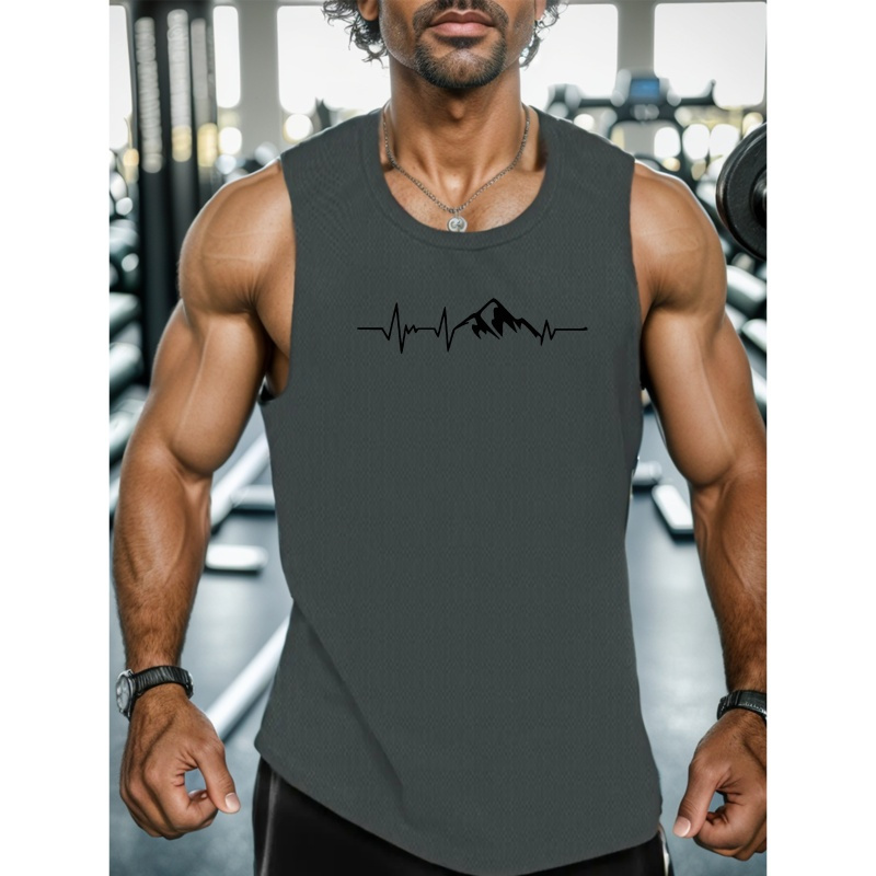 

Men's Athletic Tank Top With Ekg - Breathable Polyester, Sleeveless Workout Vest For Gym & Casual Wear, Black, Gym Shirts