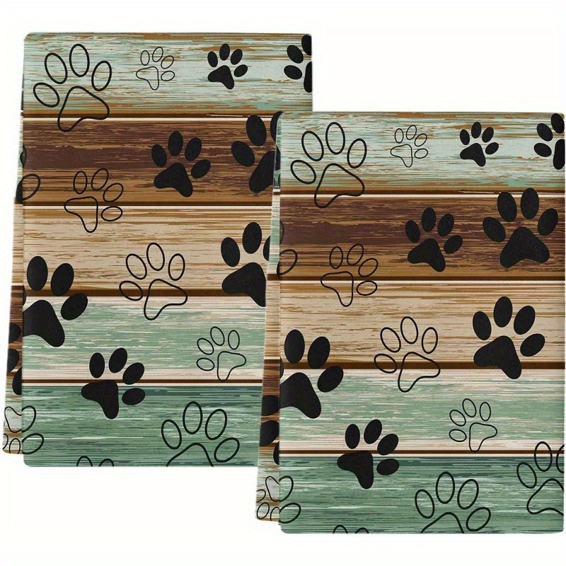 

2-piece Set Vintage Teal Farmhouse Kitchen Towels - Soft, Absorbent Polyester Blend With Pet Paw Design, Machine Washable - Perfect For Home Decor & Dishwashing, 18x26 Inches