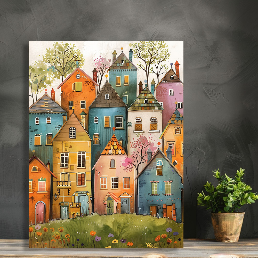 

Whimsical Village Canvas Print - Charming Colorful House Illustrations Wall Art For Home & Bedroom Decor, Unframed Canvas Painting, Light Luxury Style, 12x16 Inch - Craft & Artwork Decoration