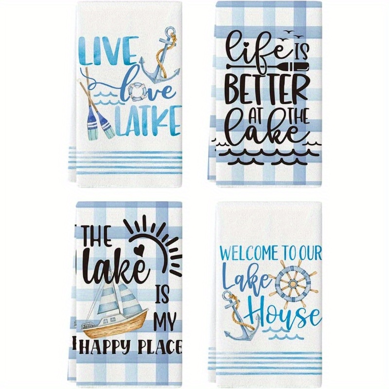 

4pcs, Plaid Stripe Anchors Lake Summer Kitchen Towels Dish Towels, Seasonal Decorative Hand Towels 18 X 26 Inches