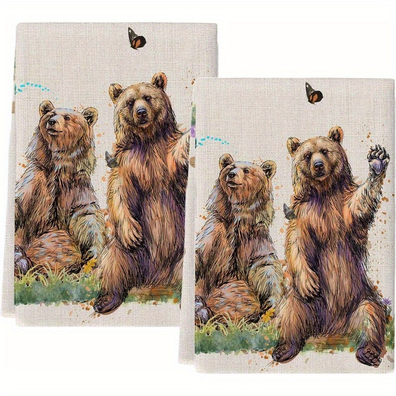 

2pcs Soft & Absorbent Kitchen Towels - Bear & , Polyester, Machine Washable, Home Decor & Drying Dishes, 18x26 Inches