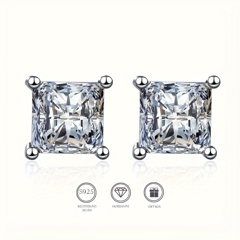 

Square Shape Shiny Moissanite Inlaid Stud Earrings Sterling 925 Silver Hypoallergenic Ear Jewelry Trendy Female Gift With Gift Box