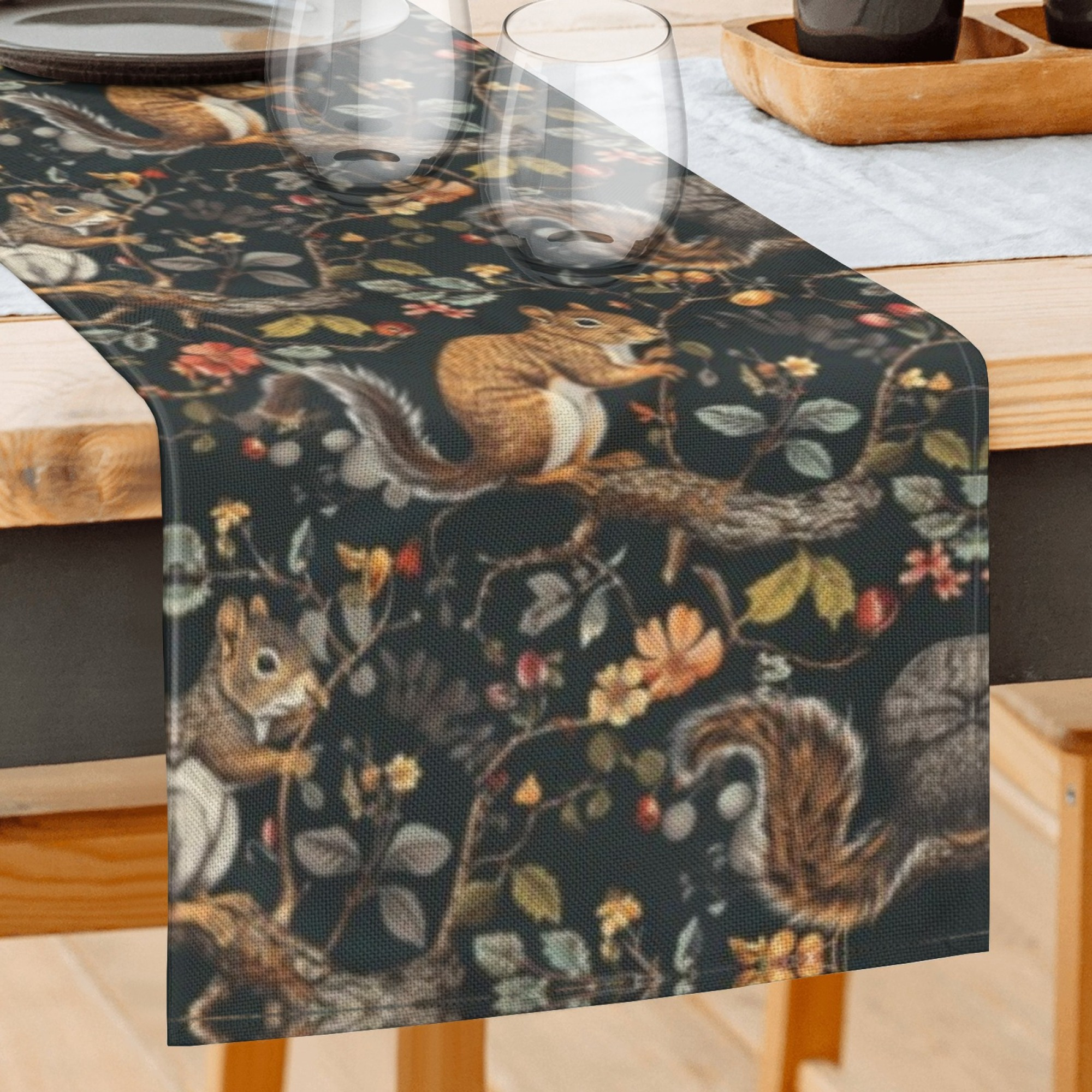 

Charming Squirrel & Floral Linen Table Runner - Black, 13x72 Inch, Perfect For Kitchen & Dining Decor, Indoor/outdoor Parties