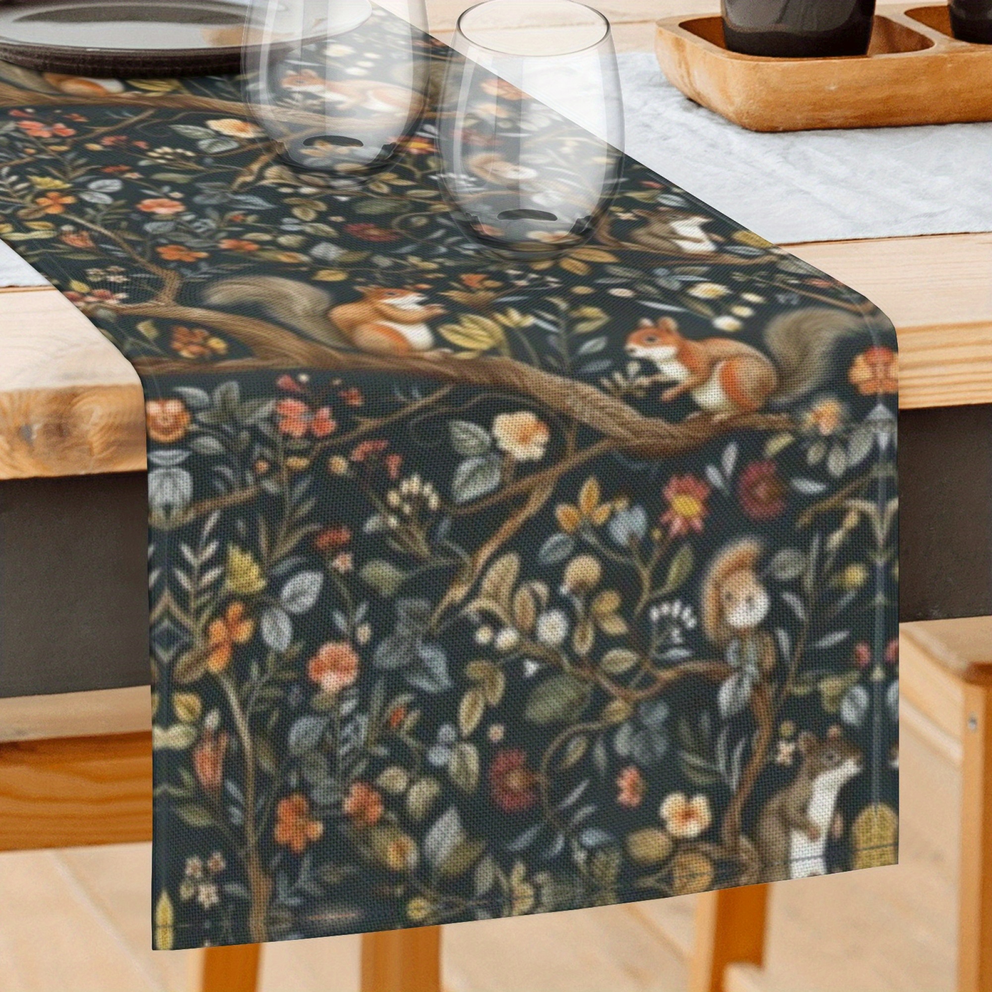 

Charming Black Squirrel & Tree Linen Table Runner - 13x72 Inch, Perfect For Home Decor & Parties, Single-sided Print