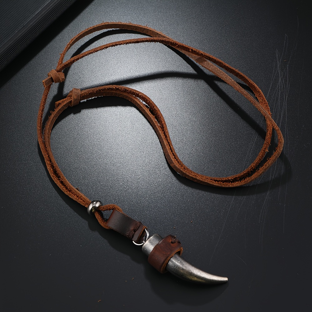 

Men's Vintage Bull Horn Pendant Necklace - Fashionable Pu Leather