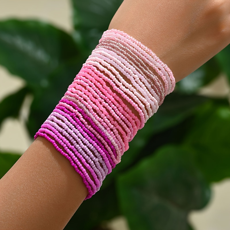 

30pc Vibrant Pink Colorful Mini Seed Bead Bracelets - Fashionable Multi-layer Set For Ladies - Handcrafted, Adjustable, Versatile Jewelry Perfect For Stacking And Gifting