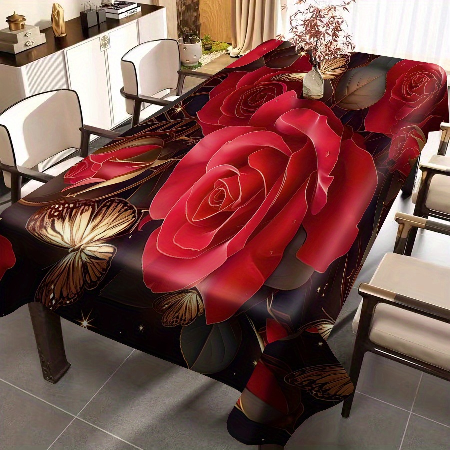 

Elegant Red Rose Print Tablecloth: Waterproof, Oil-resistant, And Machine-made For A Sophisticated Dining Experience