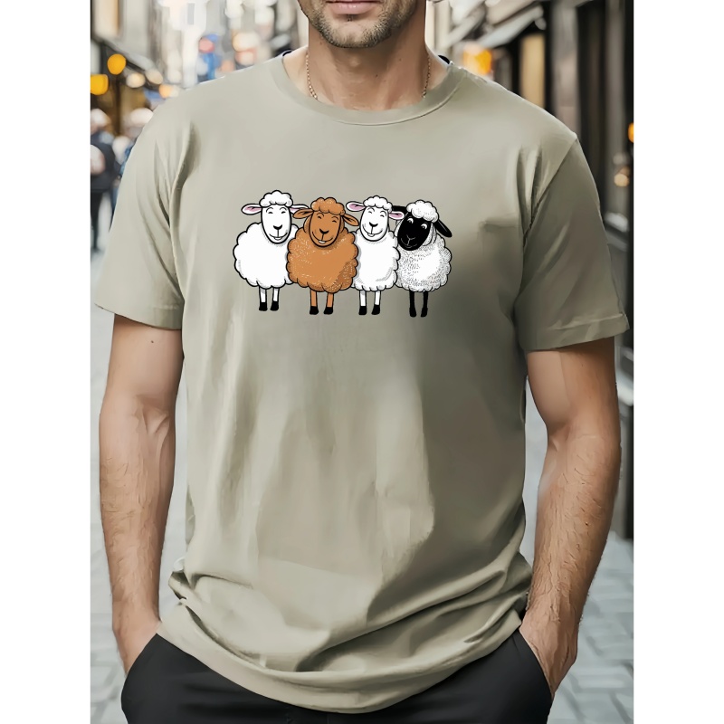 

Cute Cartoon 4 Sheep Print Men's Crew Neck Short Sleeve Tee Fashion T-shirt, Casual Comfy Breathable Top For Spring Summer Holiday Leisure Vacation Men's Clothing As Gift