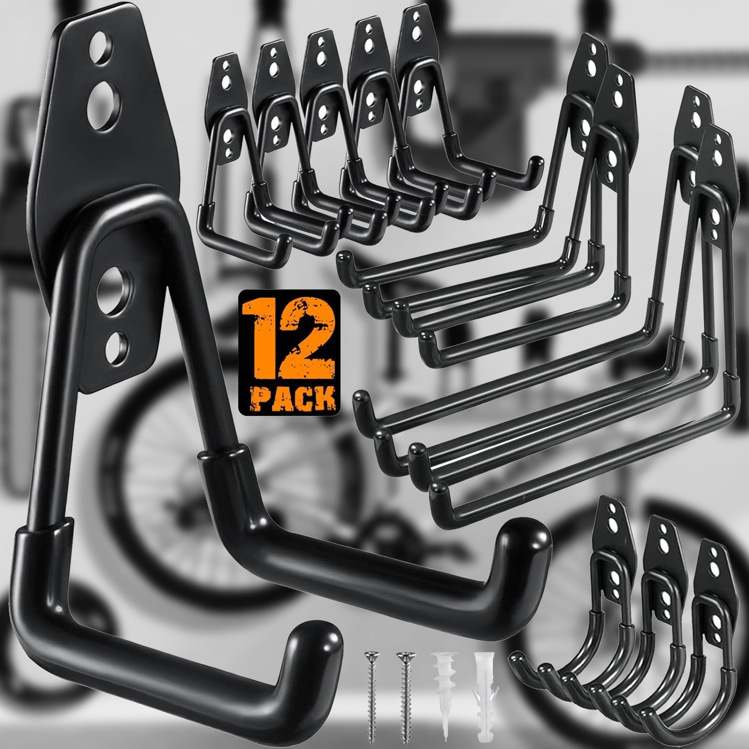 

12 Pack Heavy Duty Garage Hooks - Steel Wall Mount Organizers For Tools, Ladders, Bikes & More