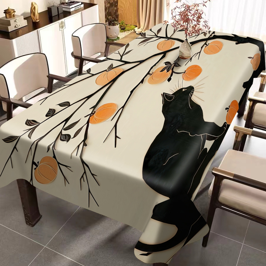 

Festive Black Cat And Pumpkin Tablecloth: Machine-made, Waterproof, And Durable For Your Dining Table