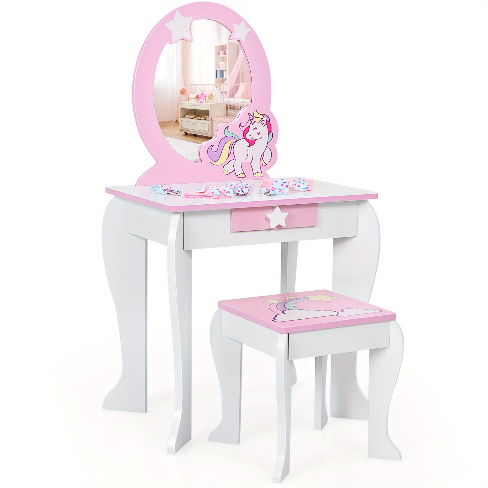 

Maxmass Costzon Kids Makeup Dressing Table Set Wooden W/ Drawer