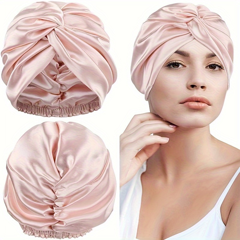 

Luxurious Satin Hair Bonnet, Double-layer Ruched Shower Cap With Elastic Knotted Turban Design, Soft Sleeping Night Hat For Hair Protection - Pack Of 1