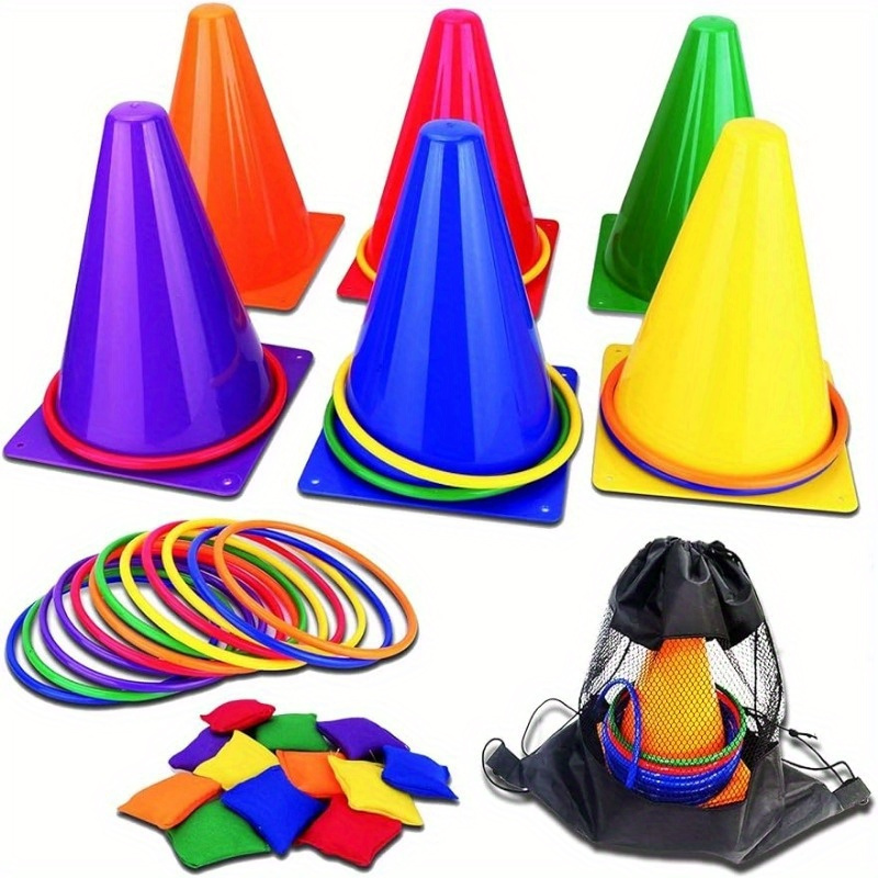 1set   cream tube with circular throwing toys sports sensory training with colored logo barrels outdoor games cone throwing  