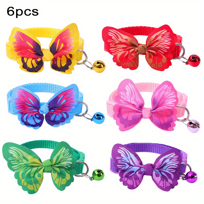 

6pcs Adjustable Pet Collars With Bell, Butterfly Charm Dog & Cat Necklace, Animal Print Design Polyester Fiber