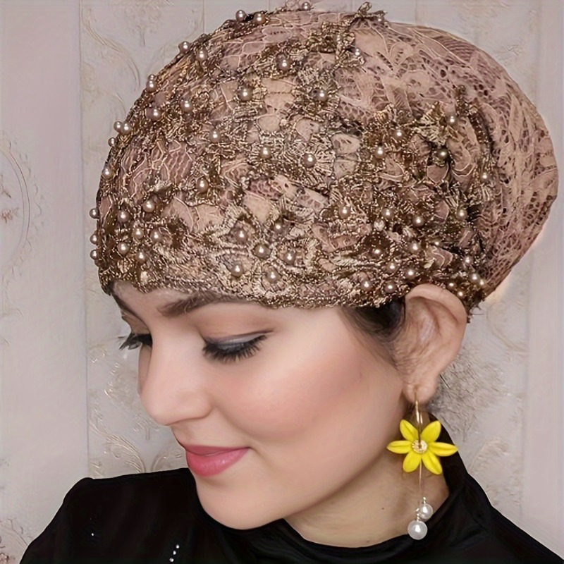 

Elegant Golden Lace Beaded Turban Hat For Women, Stretchable Floral Head Wrap, Lightweight Headwear For Ramadan, Chemo, Fashion Accessory