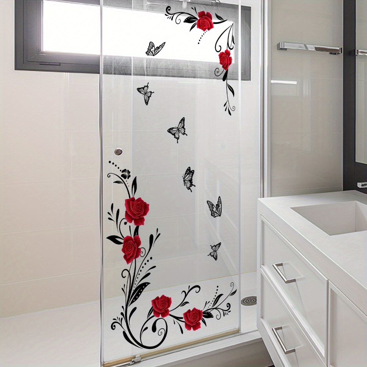 

Matte Pvc Self-adhesive Window Film, Oblong Floral & Butterfly Glass Decal For Bathroom Sliding Door – Single Use, Static Cling Decor For Home Office – Self-stick Wall Art With Rose Accents