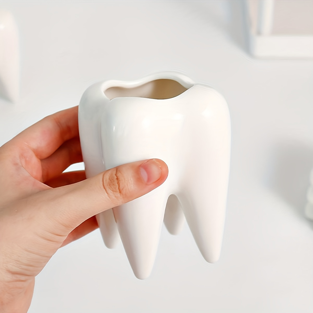 

Ceramic Tooth Shaped Pen Holder - Desk Organizer, Novelty Dental Toothbrush Stand, Multi-purpose Storage Cup For Bathroom, Office Accessories