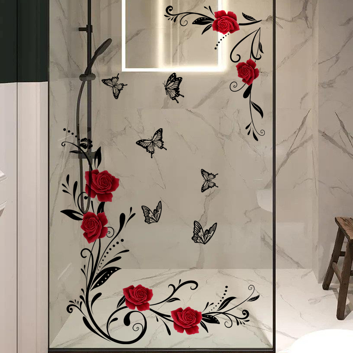 

Chic Floral Self-adhesive Wall & Window Decals - Waterproof, Moisture-resistant Pvc Stickers For Bathroom Sliding Doors & Home Decor