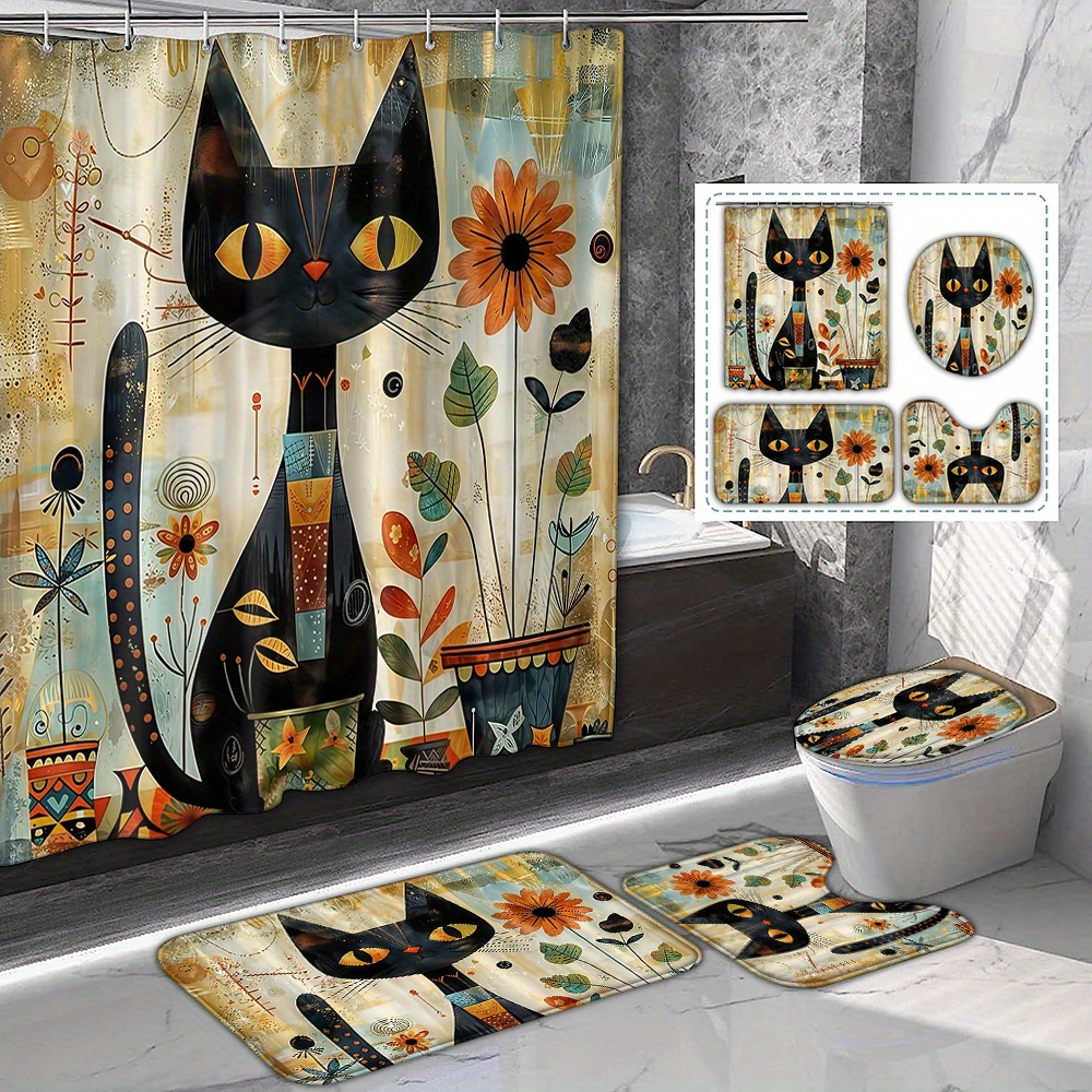 

1/4pcs Black Cat Graphic Shower Curtain, Polyester Waterproof Curtain With 12 Hooks, Cartoon Pattern Printed Bathroom Decoration, Bath Mat, U-shaped Pad, Toilet Seat Cover, Bathroom Accessories
