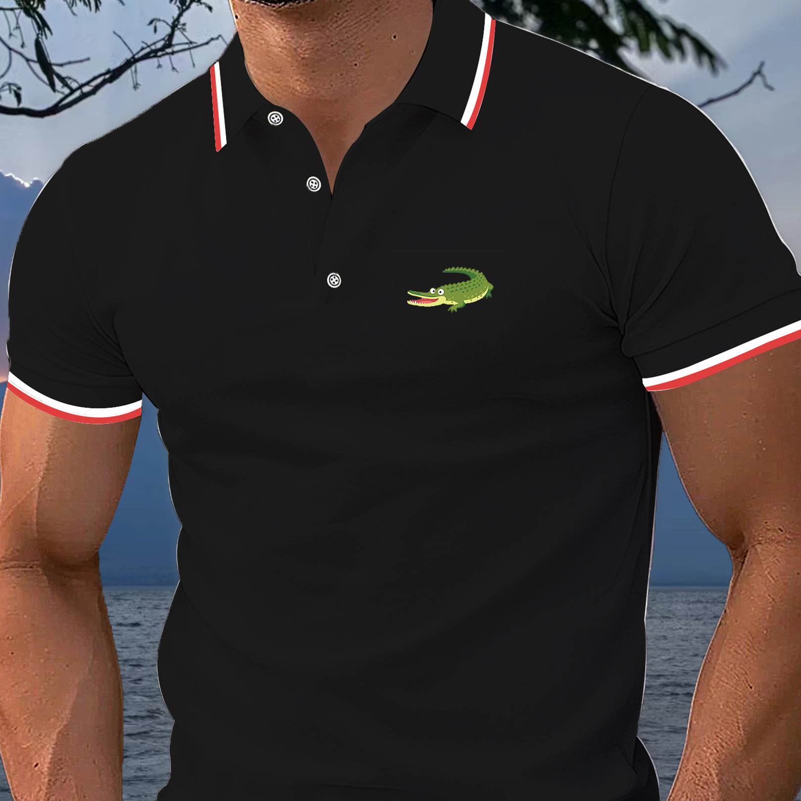 

Cartoon Crocodile Logo Print Men's Short Sleeve Summer Golf Shirt, Business Casual Comfy Top For Outdoor Wear