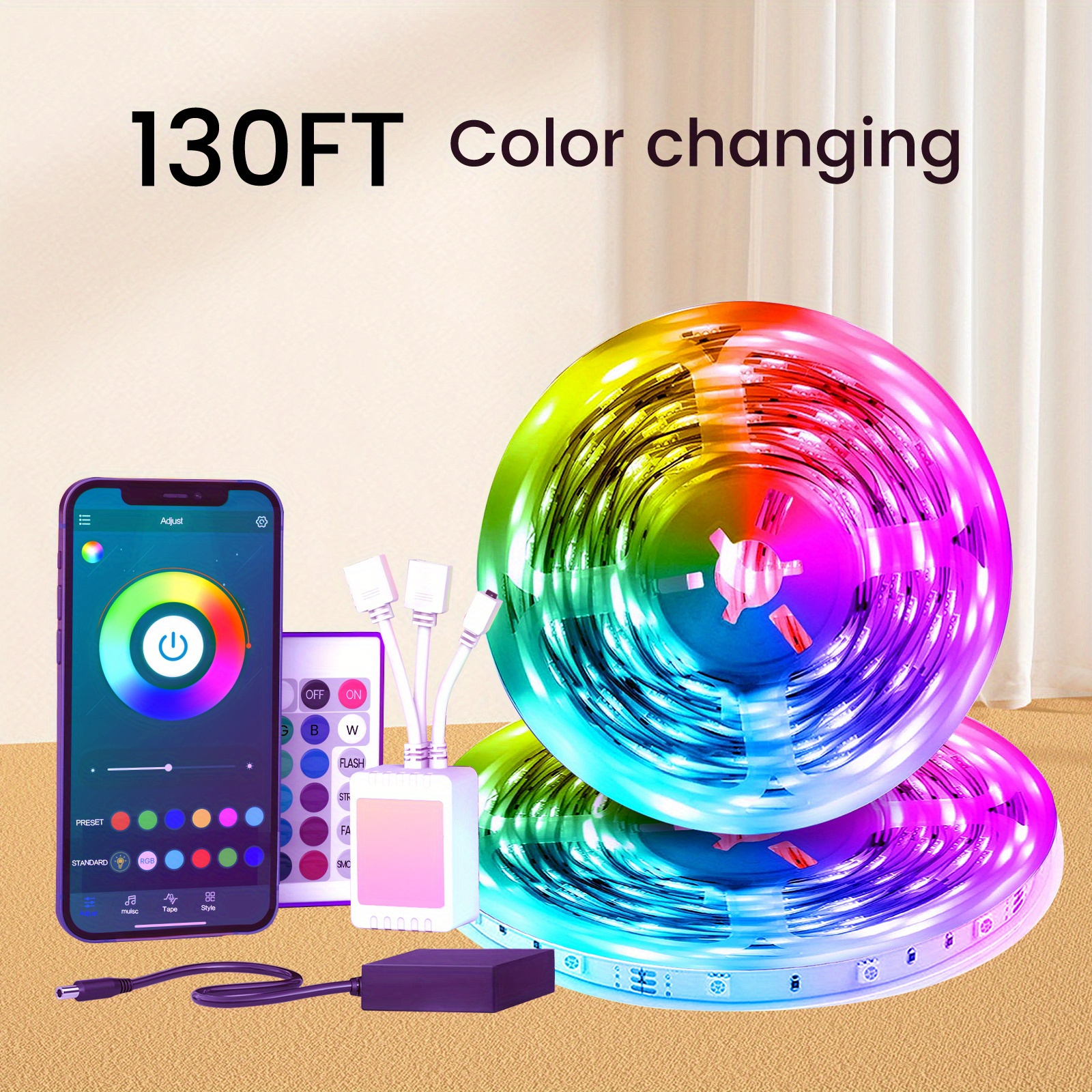 

130ft Led (40m, 2 Rolls X 20m), App & Remote, Rgb Adjust, Timer, 24v, Music-synced Color Change, For Home & Holiday Decor.