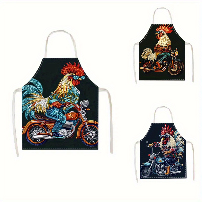 

1pc Unisex Linen Kitchen Apron With Creative Motorcycle Rooster Design - Waterproof & Oil-resistant, Perfect For All Seasons