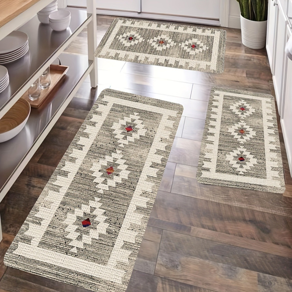 

3pcs Southwestern Kitchen Rugs Set, Polyester Non-slip Absorbent Runner Mats For Bedroom, Living Room, Laundry, Bathroom - Machine Washable, Durable Flannel Carpet Trio