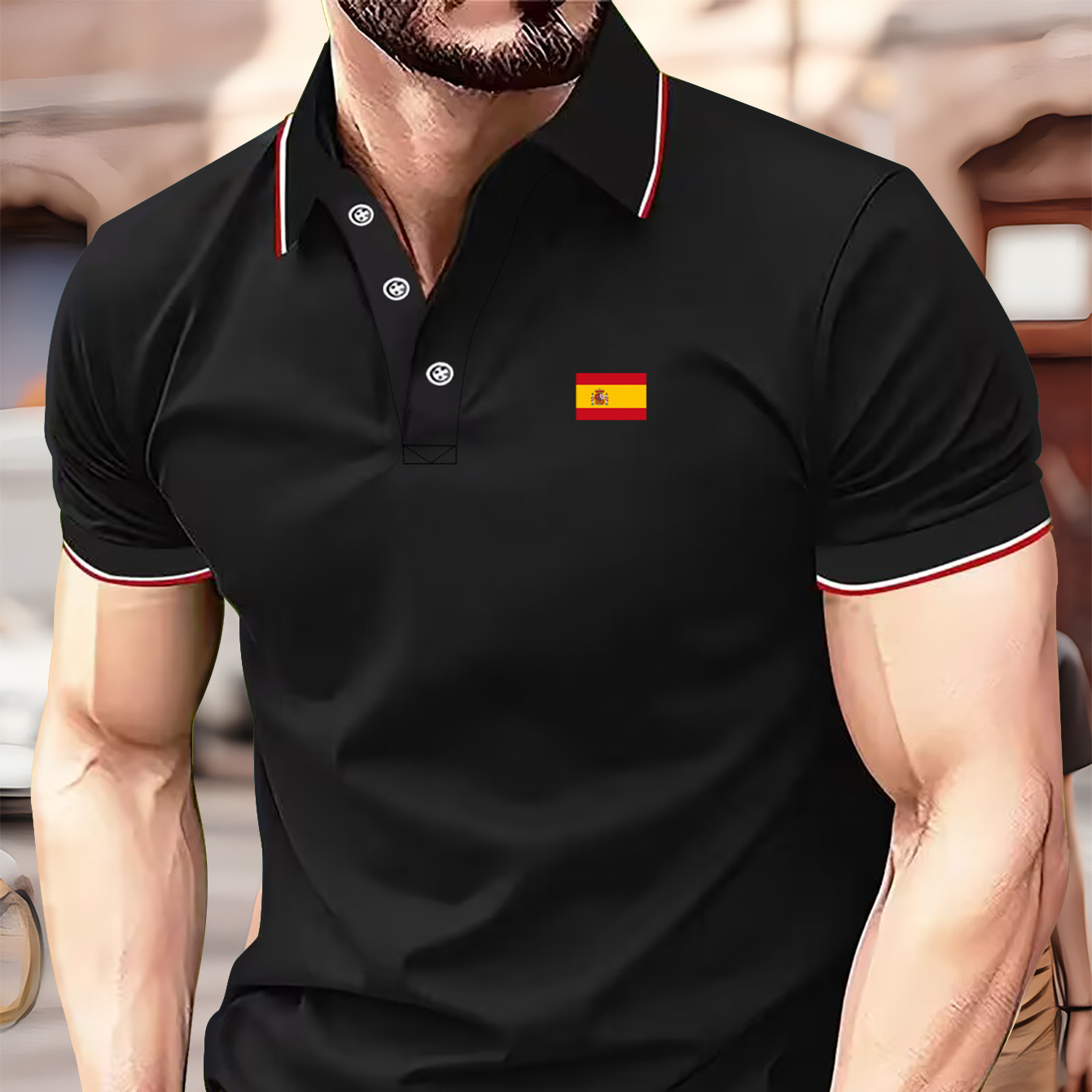 

Spain Flag Print Men's Short Sleeve Lapel Golf T-shirt, Summer Trendy Tennis Tees, Casual Comfy Breathable Top For Outdoor Sports