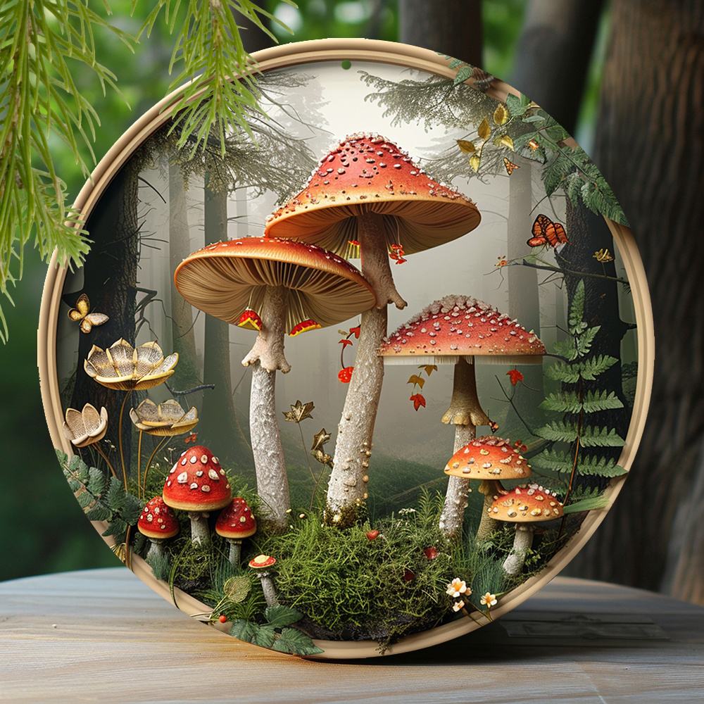 

1-piece 8-inch Weather-resistant Aluminum Mushroom Forest Theme 2d Metal Wall Art Wreath, Pre-drilled Waterproof Outdoor/indoor Decor With Spring Motif For Home And Garden - B3139