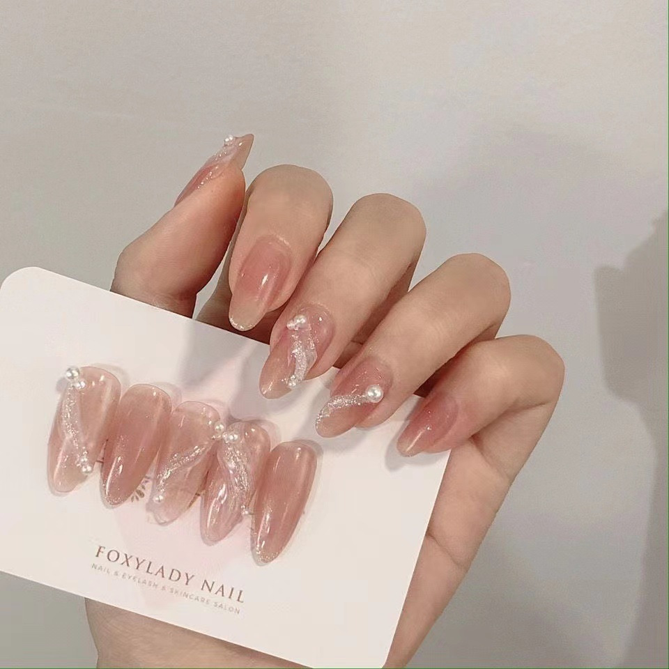 

10pcs Pure Handmade Nail Wear 2024 New Flashing Light Luxury Nude Flash Stickers Removable Nail Set With Jelly Glue + Scraper