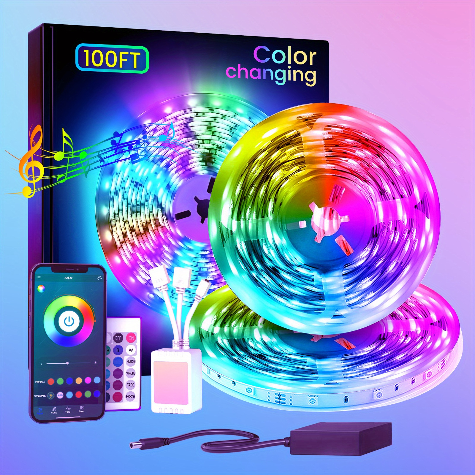 

100ft 30m Led Light Strip Smart Light Strip With App Control Remote, Rgb Led Light, 24v, Music Color Changing Light, Suitable For Room Party 2 Rolls