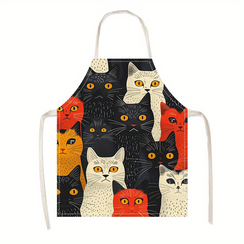 TEMU 1pc Unique Cat Print Linen Apron - Stylish & Durable For Cooking, Parties, And Kitchen Use - Oil & Stain Resistant,