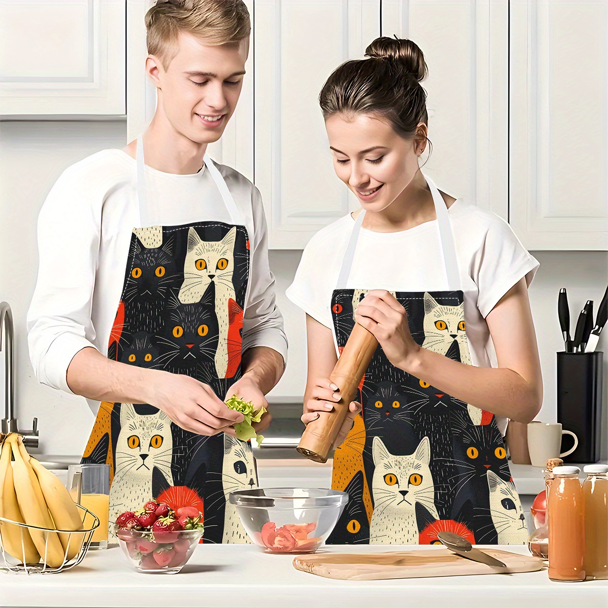 

1pc Unique Cat Print Linen Apron - Stylish & Durable For Cooking, Parties, And Work - Oil & Stain Resistant, Perfect For Kitchens, Restaurants, And Events