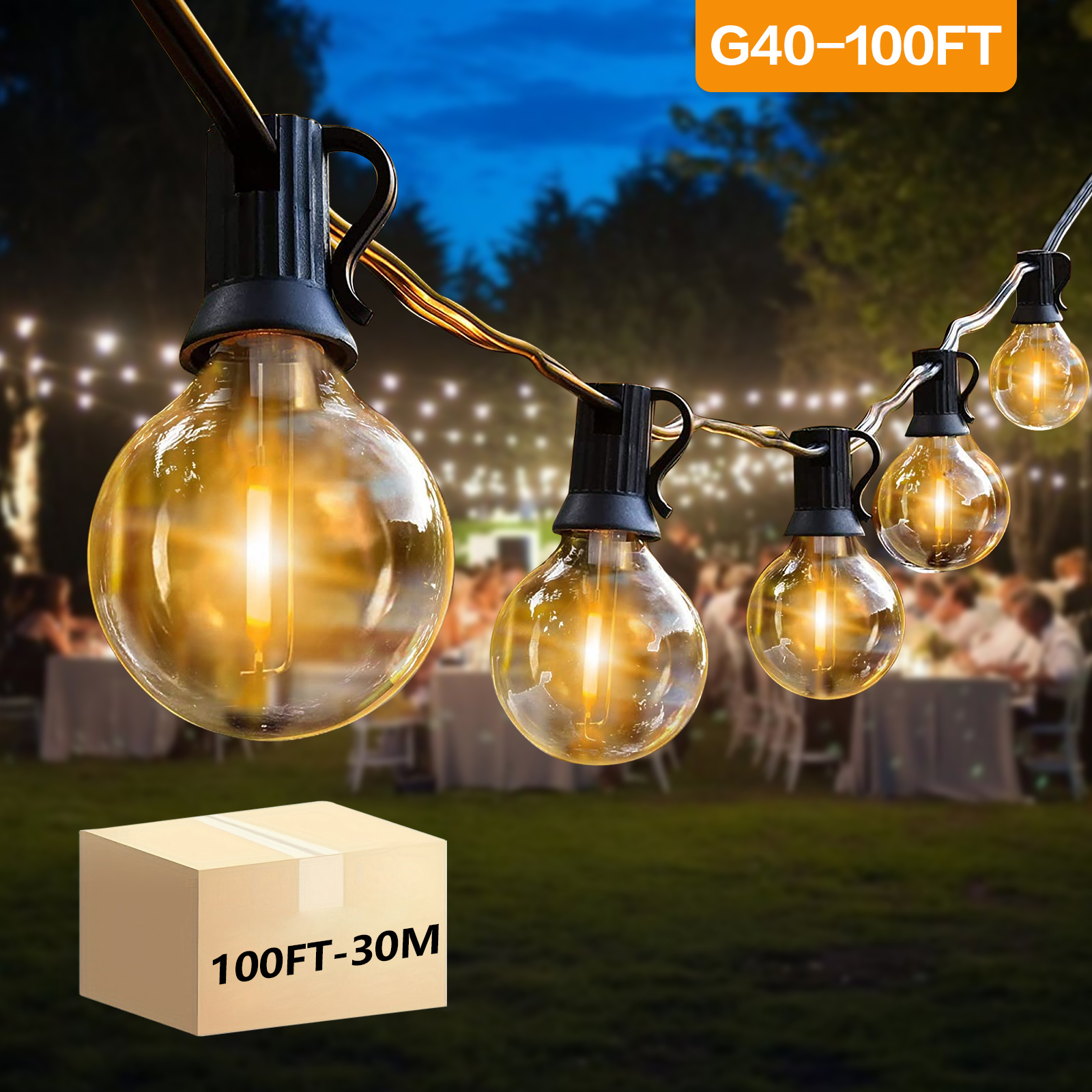

100ft G40 Spherical Light String, Led50 Shatter-proof Edison Light Bulbs, Connected To The Courtyard, Outdoor, Coffee Shop, Backyard Light String, Warm Color Can Be Connected, Warm And Romantic