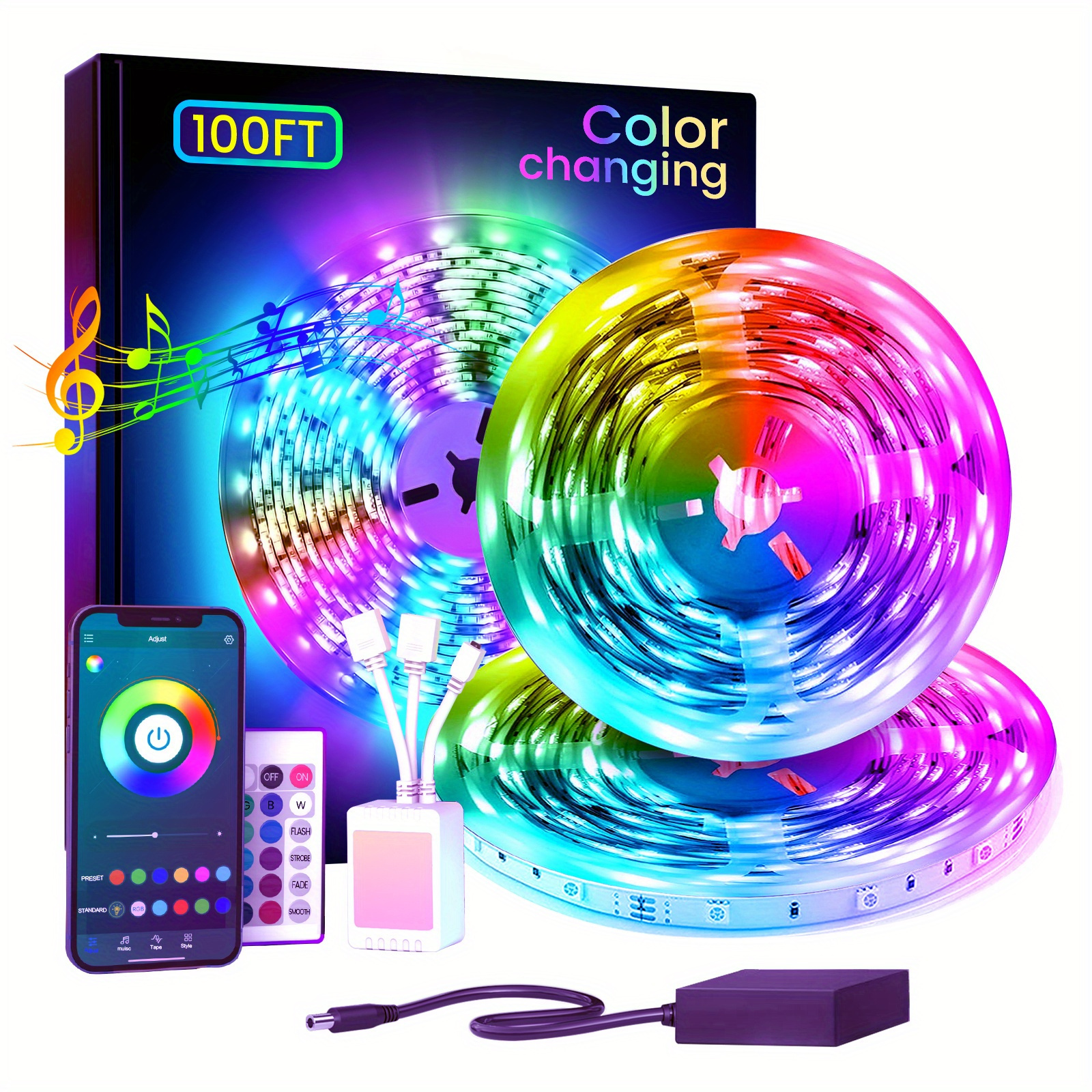 

100ft 30m Led Strip Lights, Lights With App Control And Remote, Music Sync Color Changing Lights, Rgb Led Lights 24v For Bedroom, Home, Party Decoration Strips (2 Rolls Of 15m)