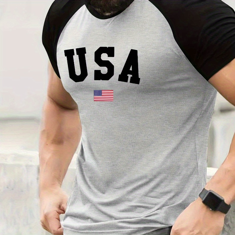 

Men's Athletic T-shirt, Usa American Flag Print, Raglan Short Sleeve, Crew Neck, Casual Comfort Fit, Stretchy, Summer Sportswear Top