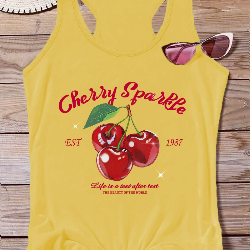 

Cherry & Slogan Print Fashion Vest Top, Round Neck Racer Back Tank Top, Women's Activewear