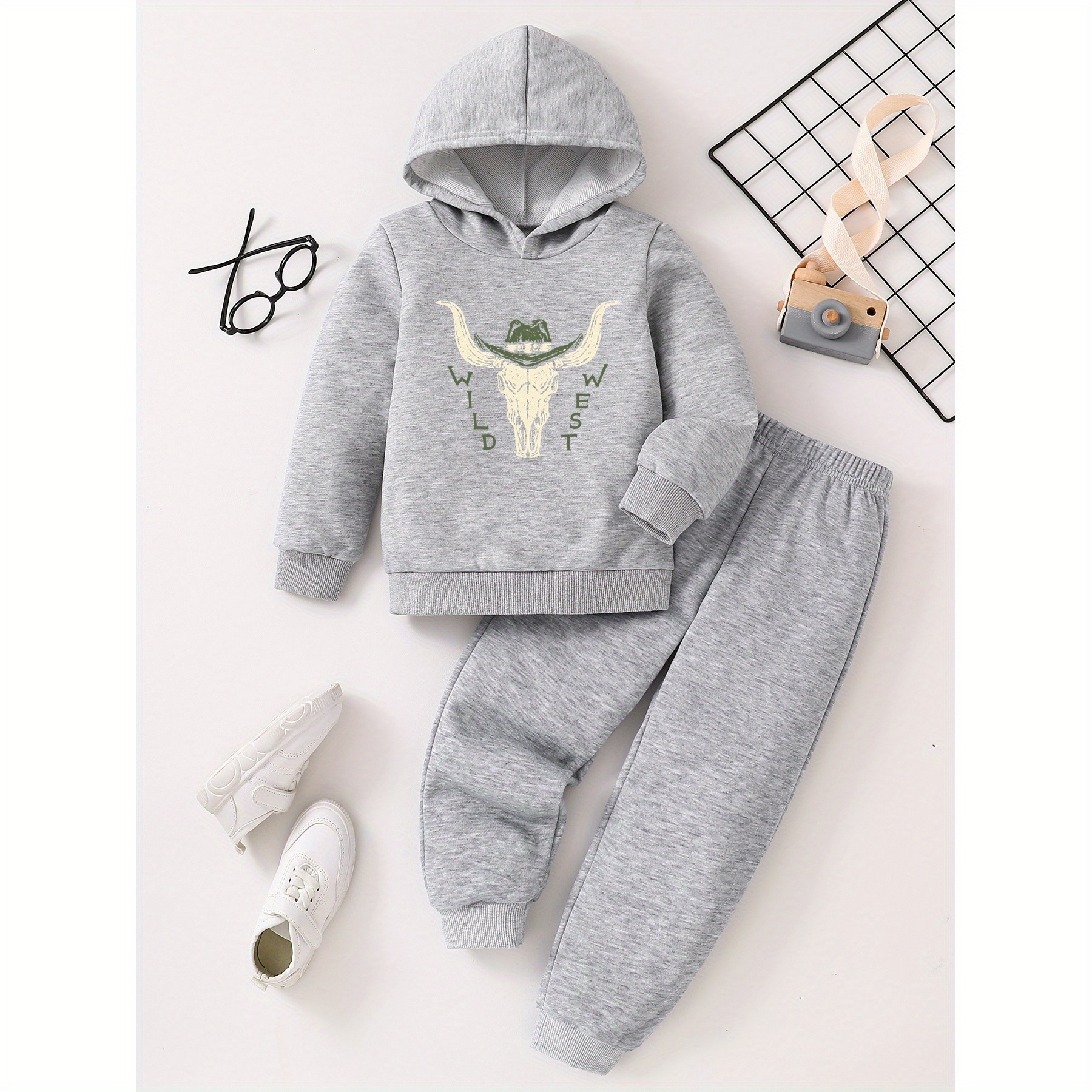 

'wild West' Print Boys Casual 2pcs, Long Sleeve Hoodie Pullover + Sweatpants Set For Sports Outdoor, Spring/ Fall Clothes