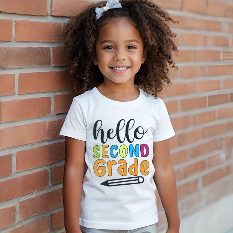 

95% Cotton Summer Girls Round Neck Fashion Letter Second Grade Print T-shirt Short Sleeve Top Casual Comfortable