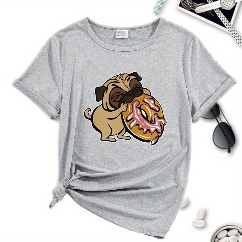 

Women's Casual Round Neck T-shirt, Trendy Casual Sporty Top, Simple Sports Tee With Cute Pug And Donut Print