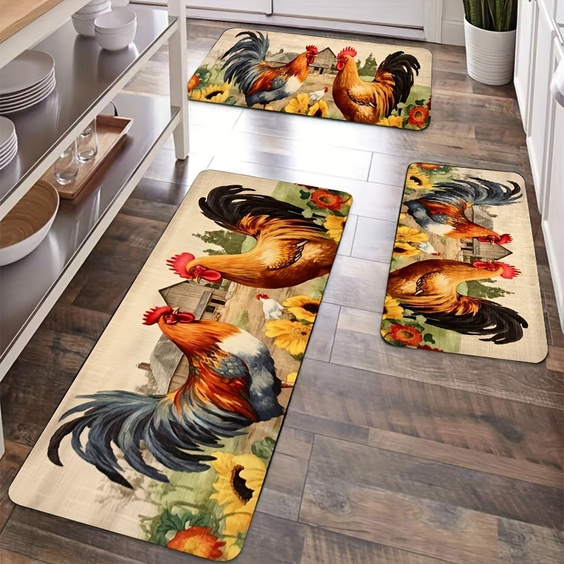 

3-piece Set Rooster Kitchen Rugs - 100% Polyester, Machine Washable, Non-slip Absorbent Mats For Bedroom, Living Room, Laundry, Bathroom - Rustic Farmhouse Style Floor Coverings