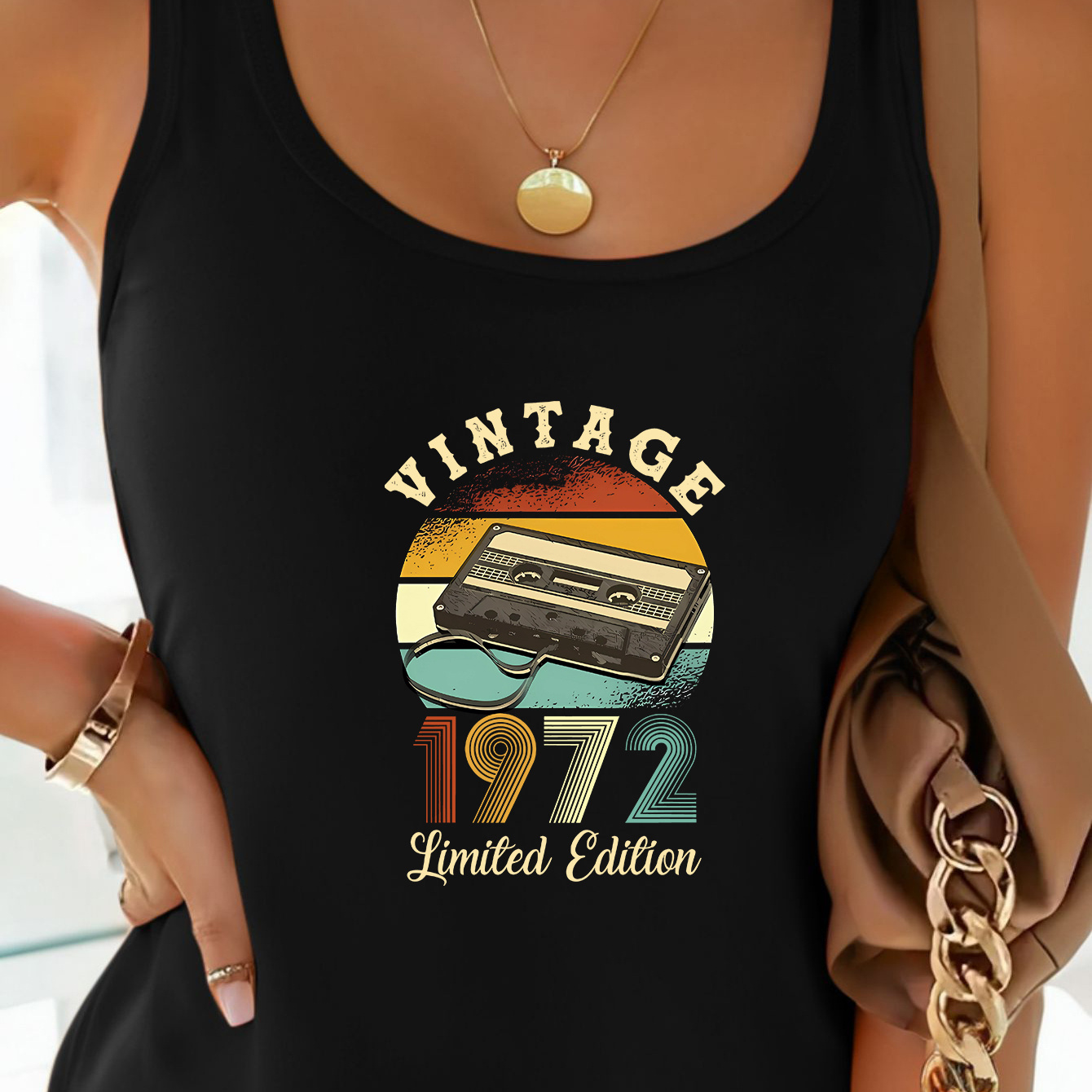 

Vintage 1972 Print Crew Neck Tank Top, Sleeveless Casual Top For Summer & Spring, Women's Clothing