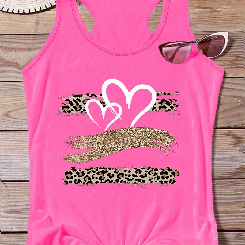 

Heart Print Fashion Sleeveless Tank Top, Round Neck Casual Wear Racerback Vest, Women's Activewear