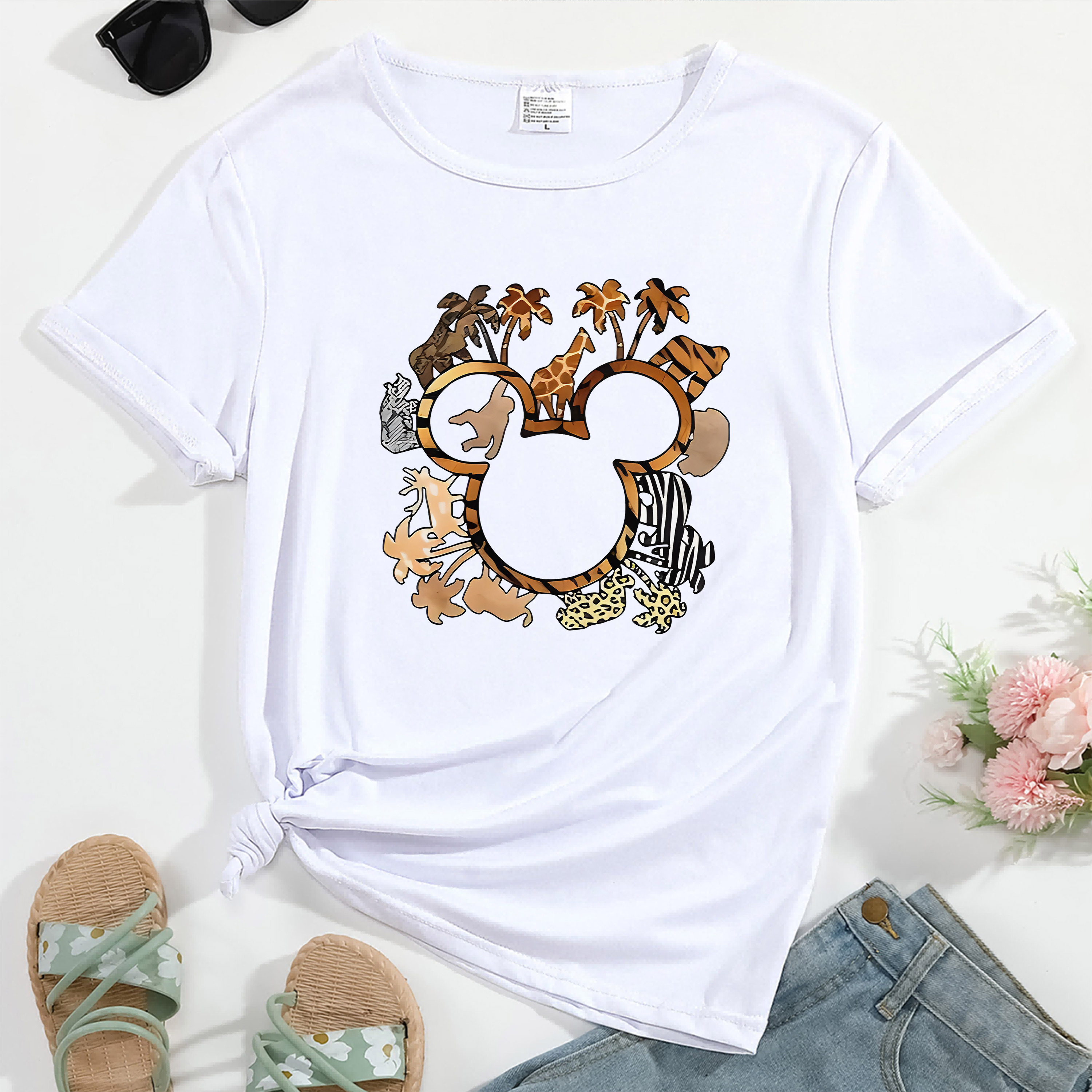 

Many Animals Circle Around Graphic Print, Short Sleeve Crew Neck Casual Sports T-shirts For Summer & Spring, Women's Clothing