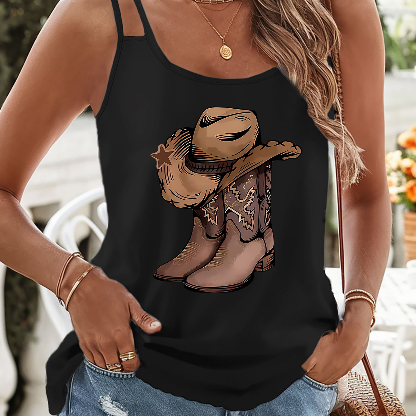 

Boots Print Tank Top, Sleeveless Casual Top For Summer & Spring, Women's Clothing