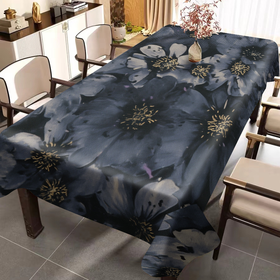 

Elegant Black Floral Print Square Tablecloth - 1pc, 100% Polyester, Machine Woven, Waterproof And Oil-resistant, Decorative Anti-slip Table Cover For Dining, Kitchen, Picnic, And Party