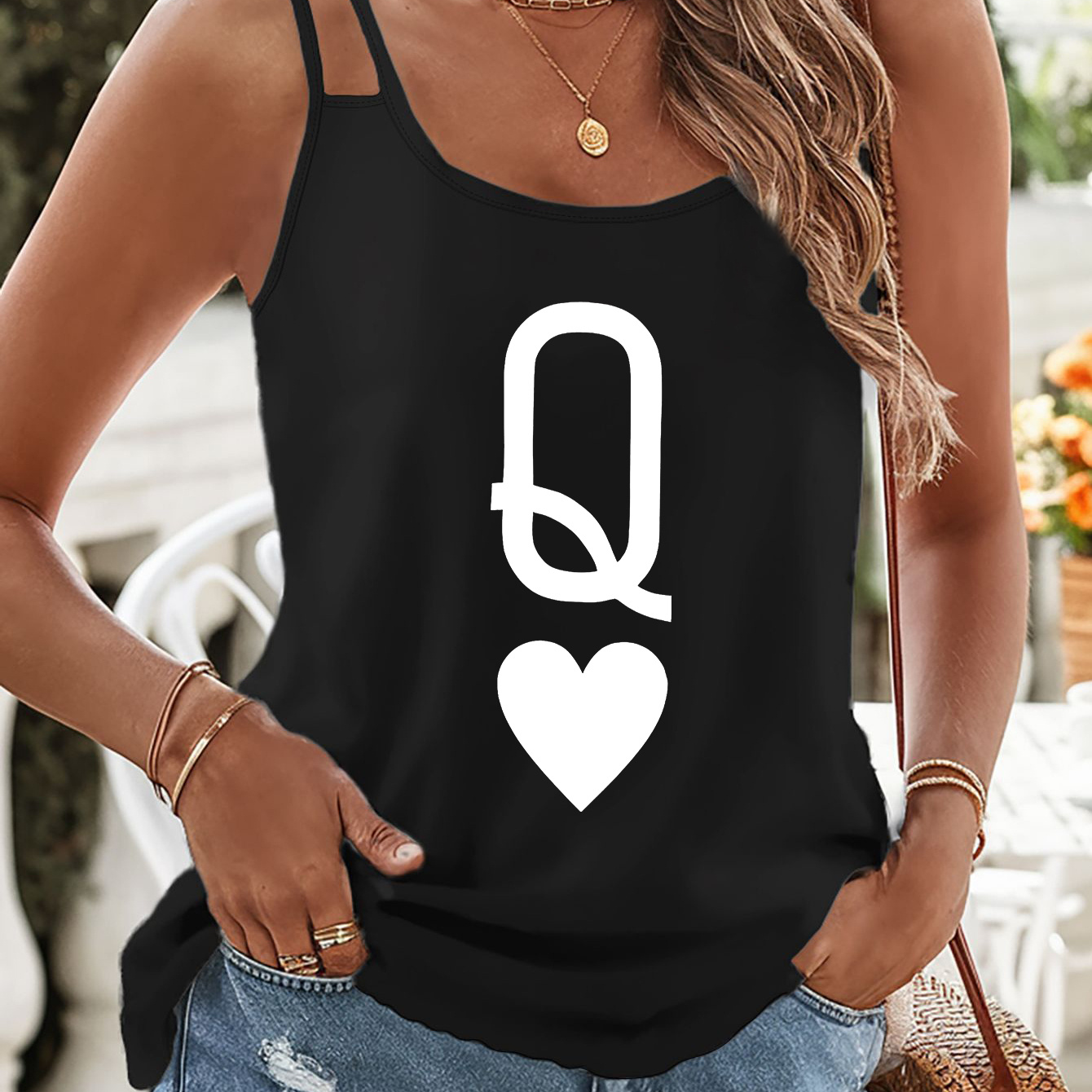

Q Heart Print Tank Top, Sleeveless Casual Top For Summer & Spring, Women's Clothing
