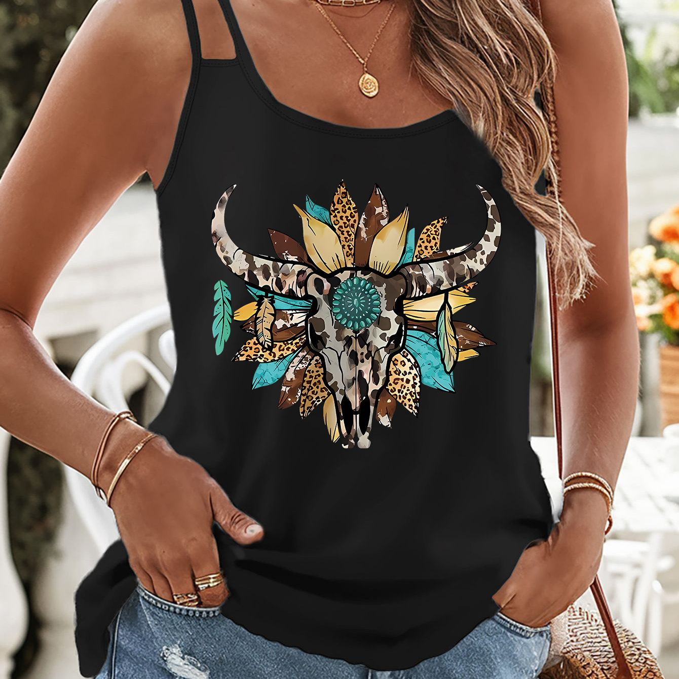 

Leopard Cow Skull Print Tank Top, Sleeveless Casual Top For Summer & Spring, Women's Clothing