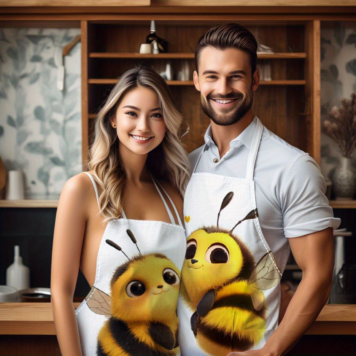 

2pcs Set Cartoon Bee Couple Aprons - Perfect For Valentine's Day, Kitchen & Outdoor Stain-resistant Aprons For Cooking And Cleaning