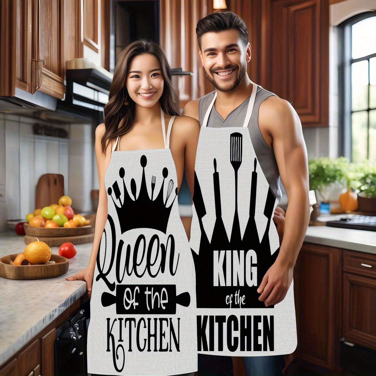 

King And Queen Of The Kitchen Couple Aprons - 2pcs Set, Woven Polyester 100%, Adjustable Matching His And Hers Chef Aprons For Cooking, Baking, Grilling, Valentine's Day Gift